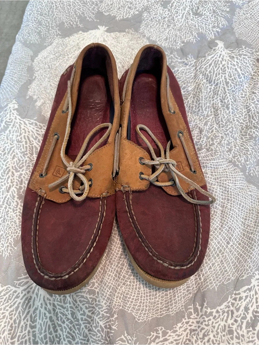 Sperry Two-Tone Suede Boat Shoes in Burgundy and Tan